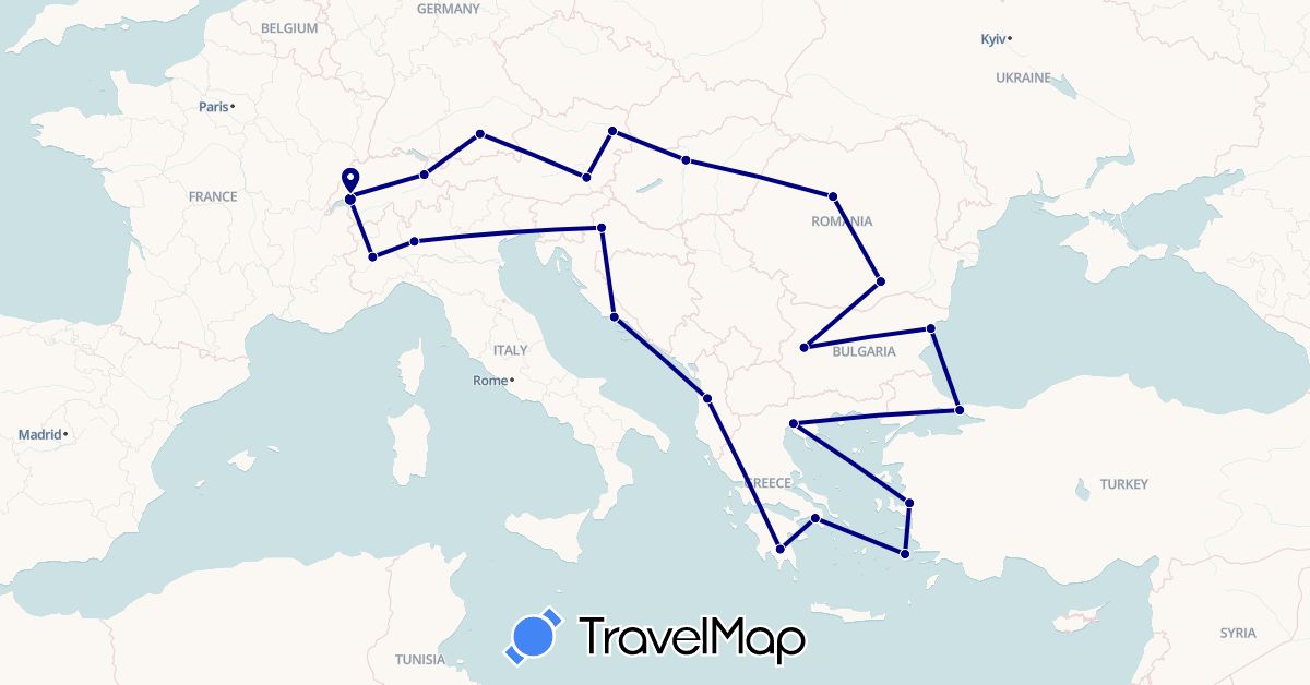 TravelMap itinerary: driving in Albania, Austria, Bulgaria, Switzerland, Germany, Greece, Croatia, Hungary, Italy, Liechtenstein, Romania, Turkey (Asia, Europe)